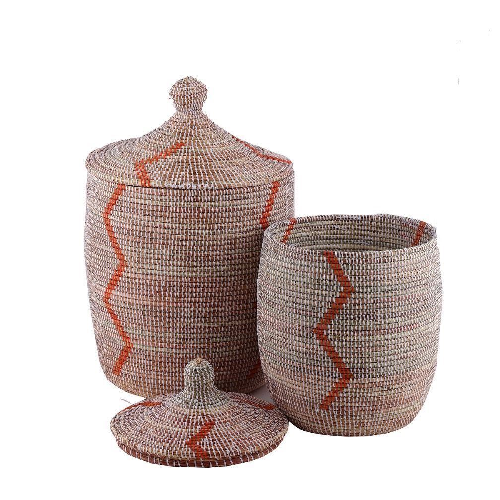 Hasır Sepet Zigzag Kapaklı Beyaz/Turuncu Çizgi Q:36 cm