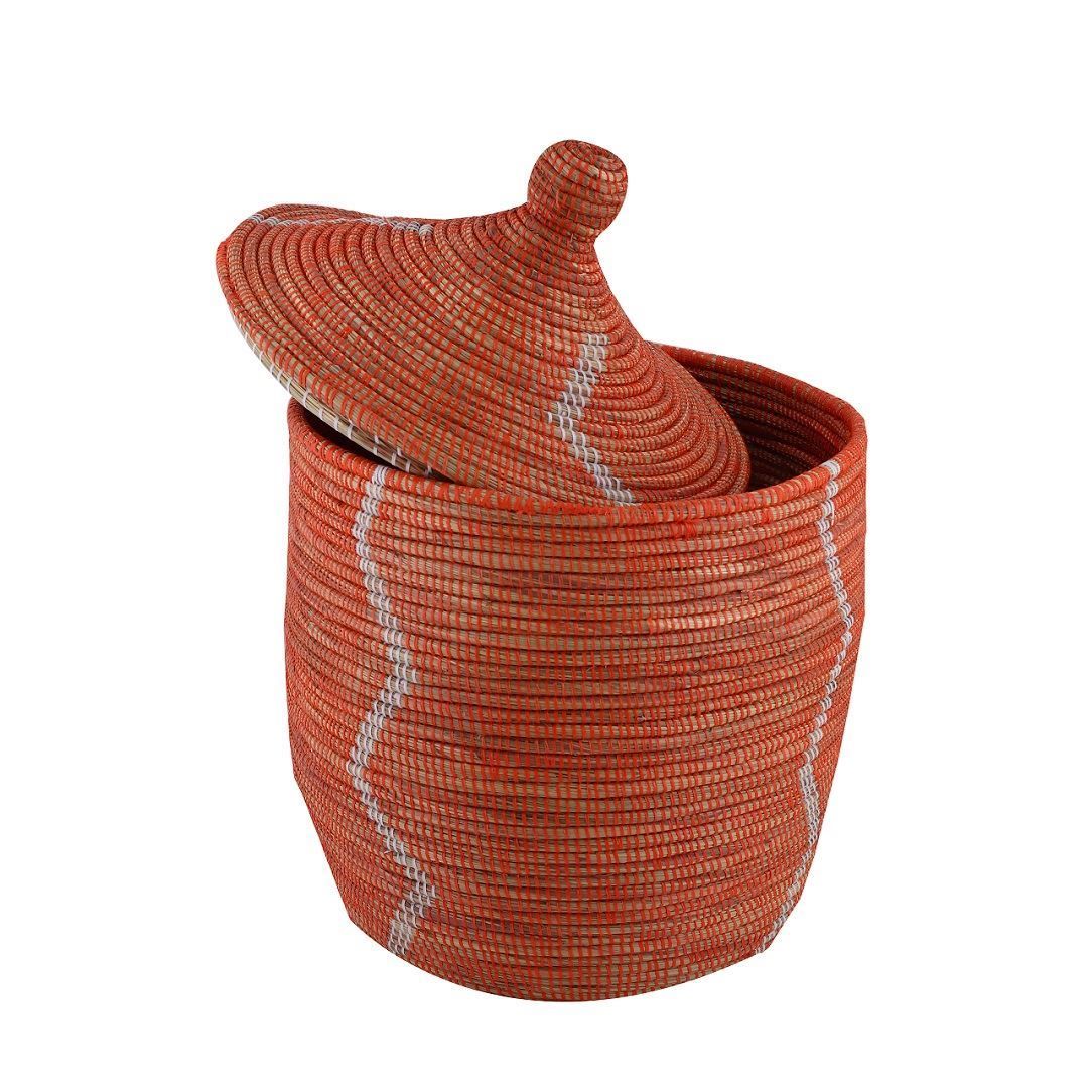 Hasır Sepet Zigzag Kapaklı Turuncu/Beyaz Çizgi Q:44 cm