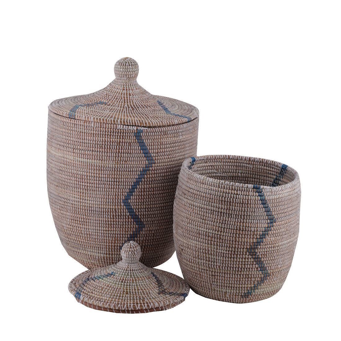 Hasır Sepet Zigzag Kapaklı Beyaz/Lacivert Çizgi Q:44 cm