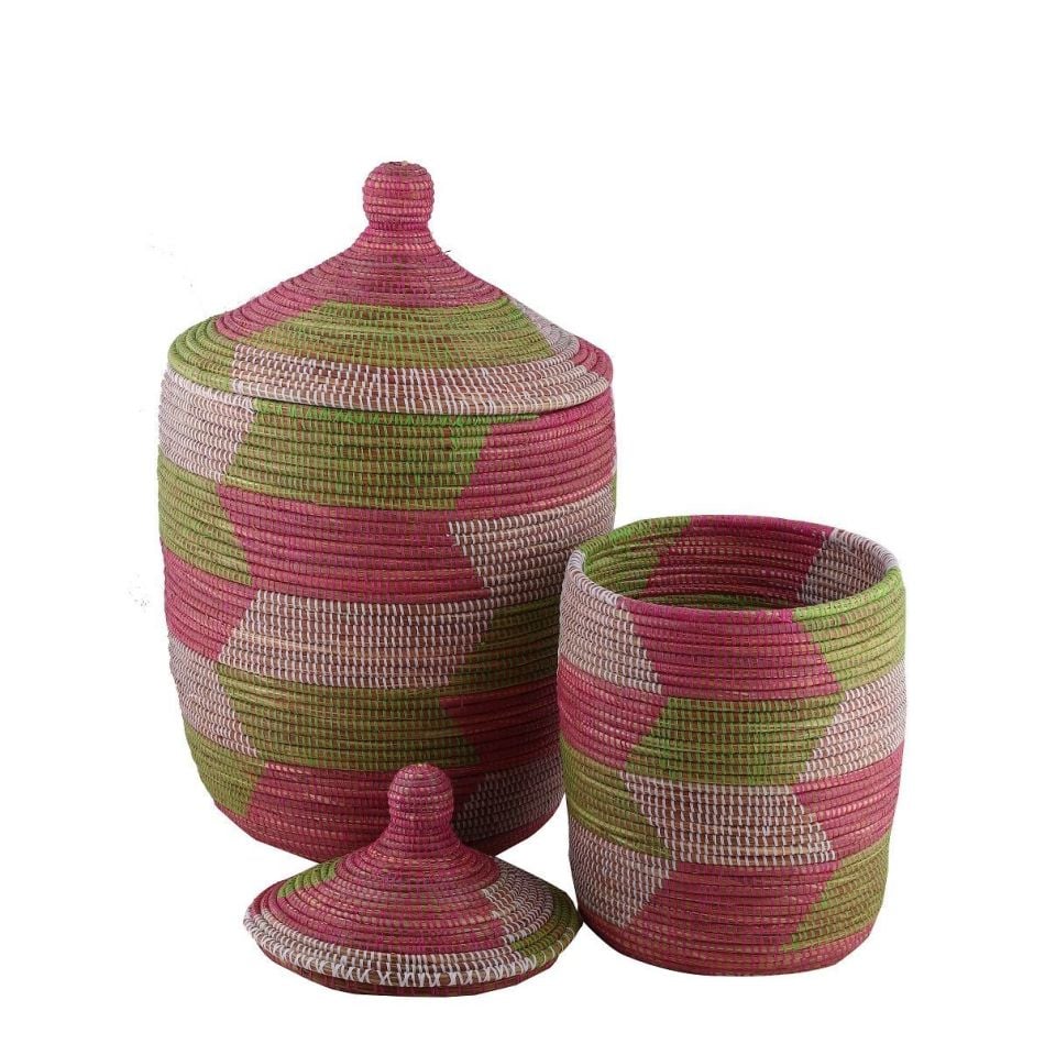 Hasır Sepet  Mozaik Kapaklı Pembe/Yeşil/ Beyaz Q:44 cm