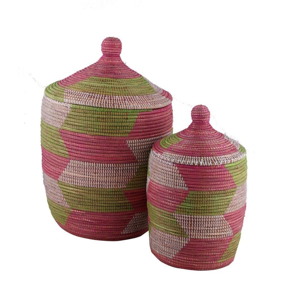 Hasır Sepet  Mozaik Kapaklı Pembe/Yeşil/ Beyaz Q:44 cm