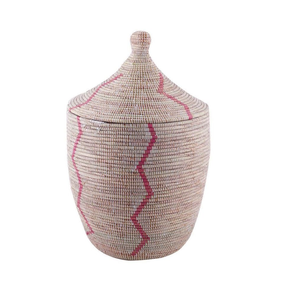 Hasır Sepet Zigzag Kapaklı Beyaz/Pembe Çizgi Q:44 cm