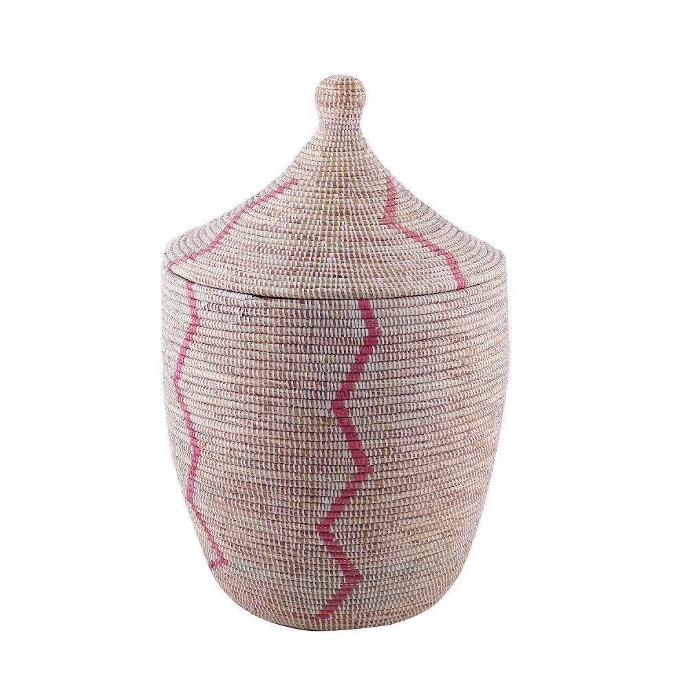 Hasır Sepet Zigzag Kapaklı Beyaz/Pembe Çizgi Q:44 cm