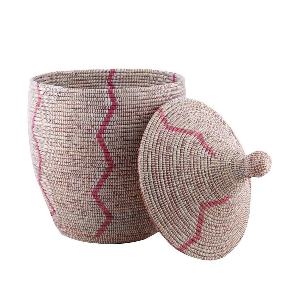 Hasır Sepet Zigzag Kapaklı Beyaz/Pembe Çizgi Q:36 cm