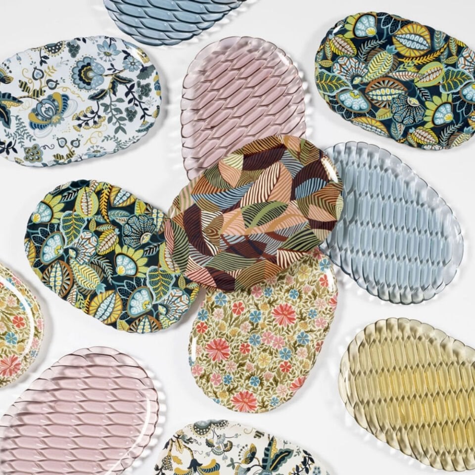 Kartell Jellies Liberty Krem Mavi Desenli Oval Tepsi