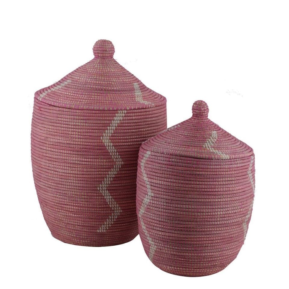 Hasır Sepet Zigzag Kapaklı Pembe/Beyaz Çizgi Q:44 cm