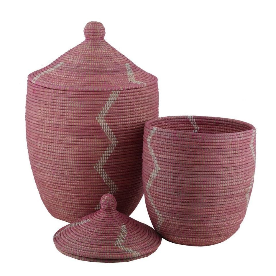 Hasır Sepet Zigzag Kapaklı Pembe/Beyaz Çizgi Q:36 cm