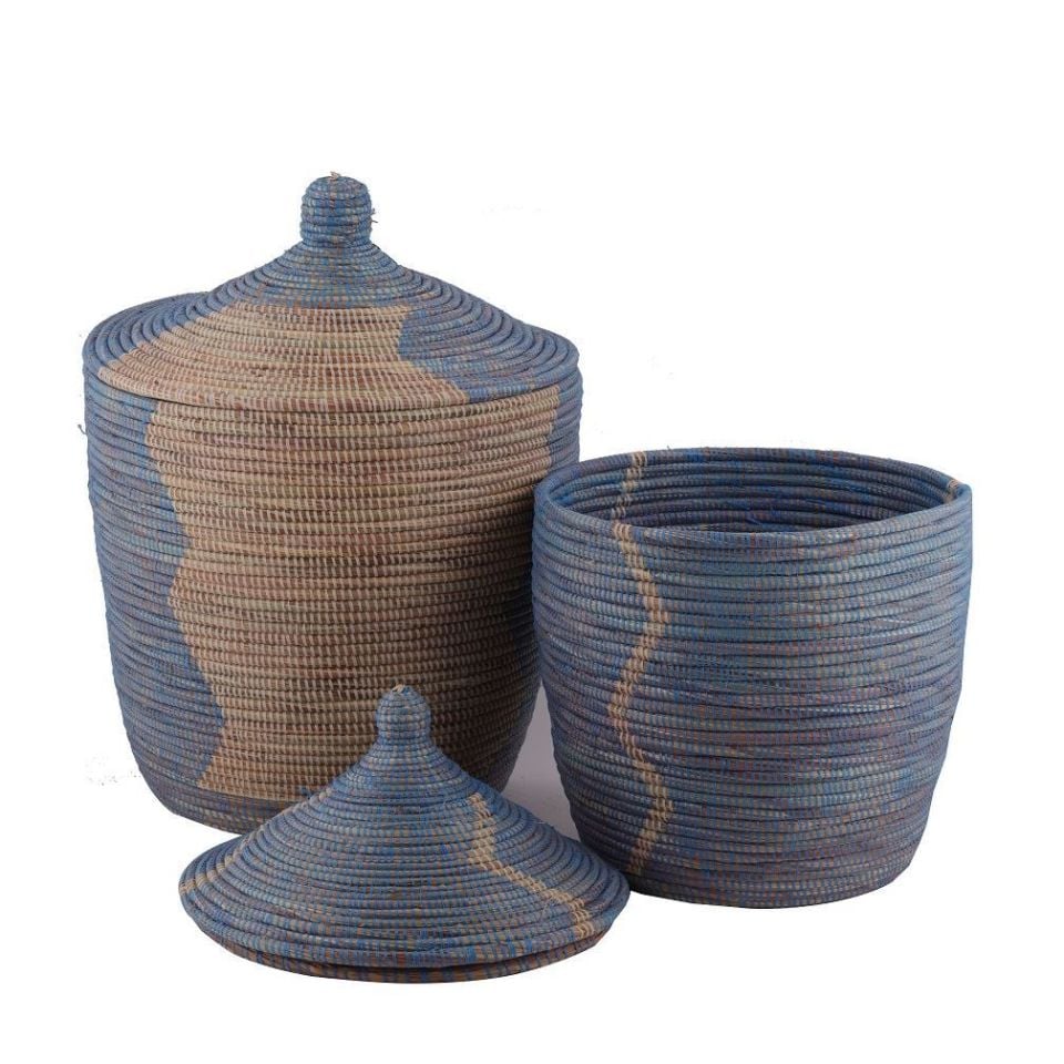 Hasır Sepet Zigzag Kapaklı Mavi/Beyaz Çizgi KQ:36 cm