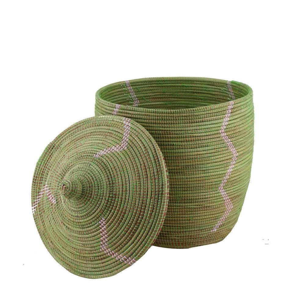 Hasır Sepet Zigzag Kapaklı Yeşil/Beyaz Çizgi Q:44 cm