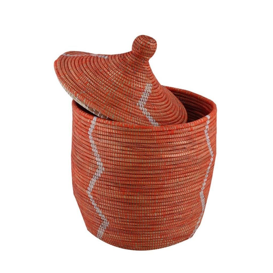 Hasır Sepet Zigzag Kapaklı Turuncu/Beyaz Çizgi Q:44 cm