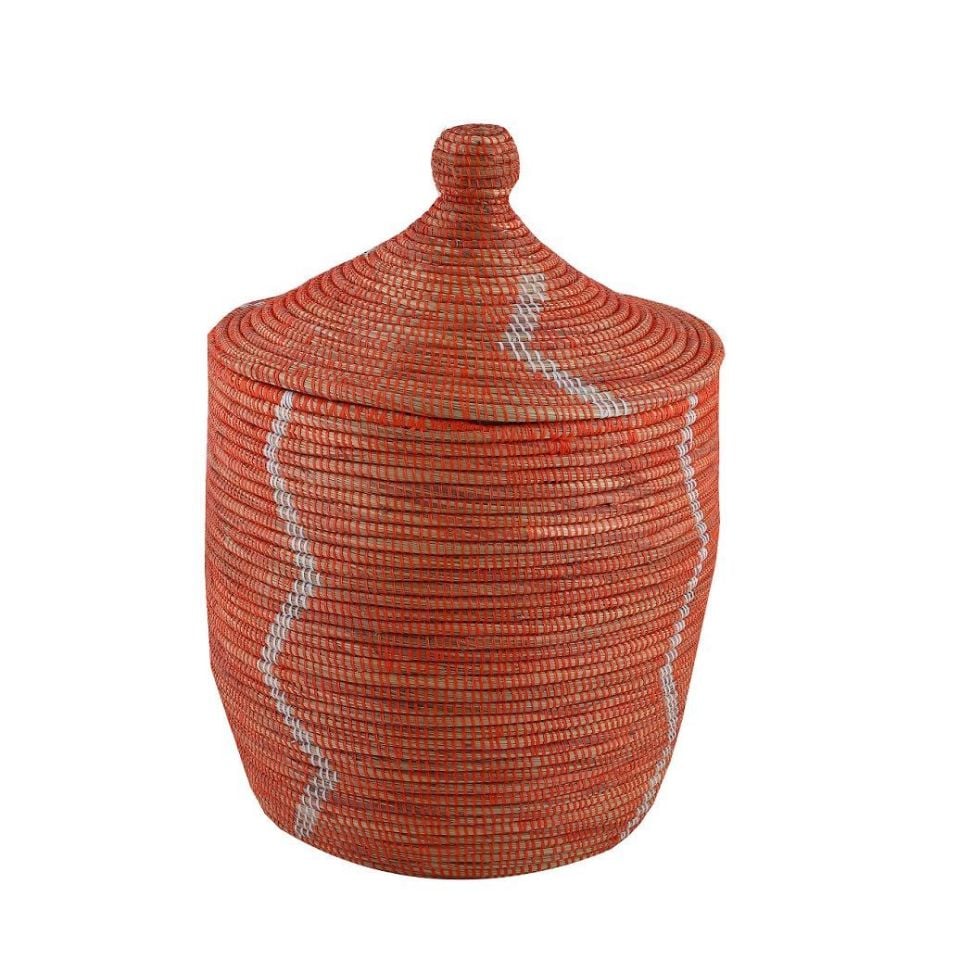 Hasır Sepet Zigzag Kapaklı Turuncu/Beyaz Çizgi Q:44 cm