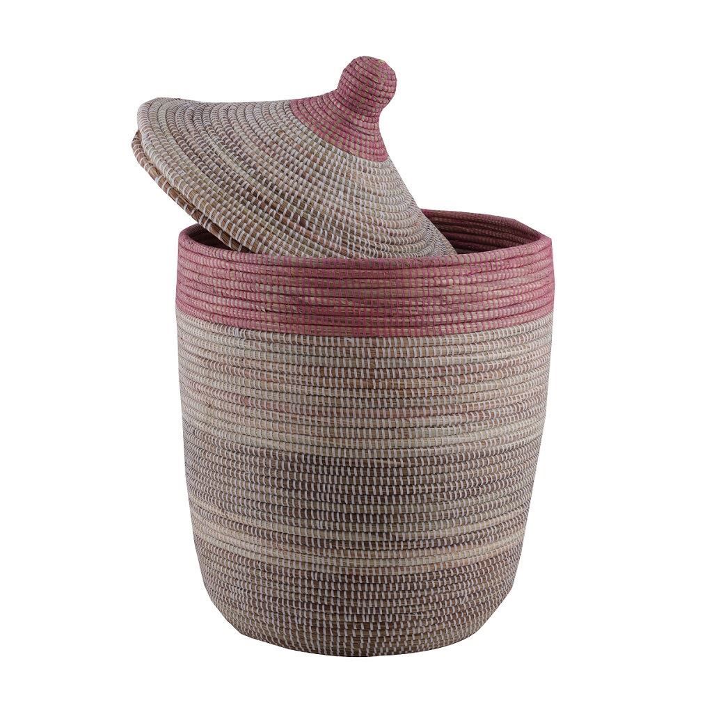 Hasır Sepet Liz Kapaklı Beyaz/Pembe Üst Bant Q:44 cm