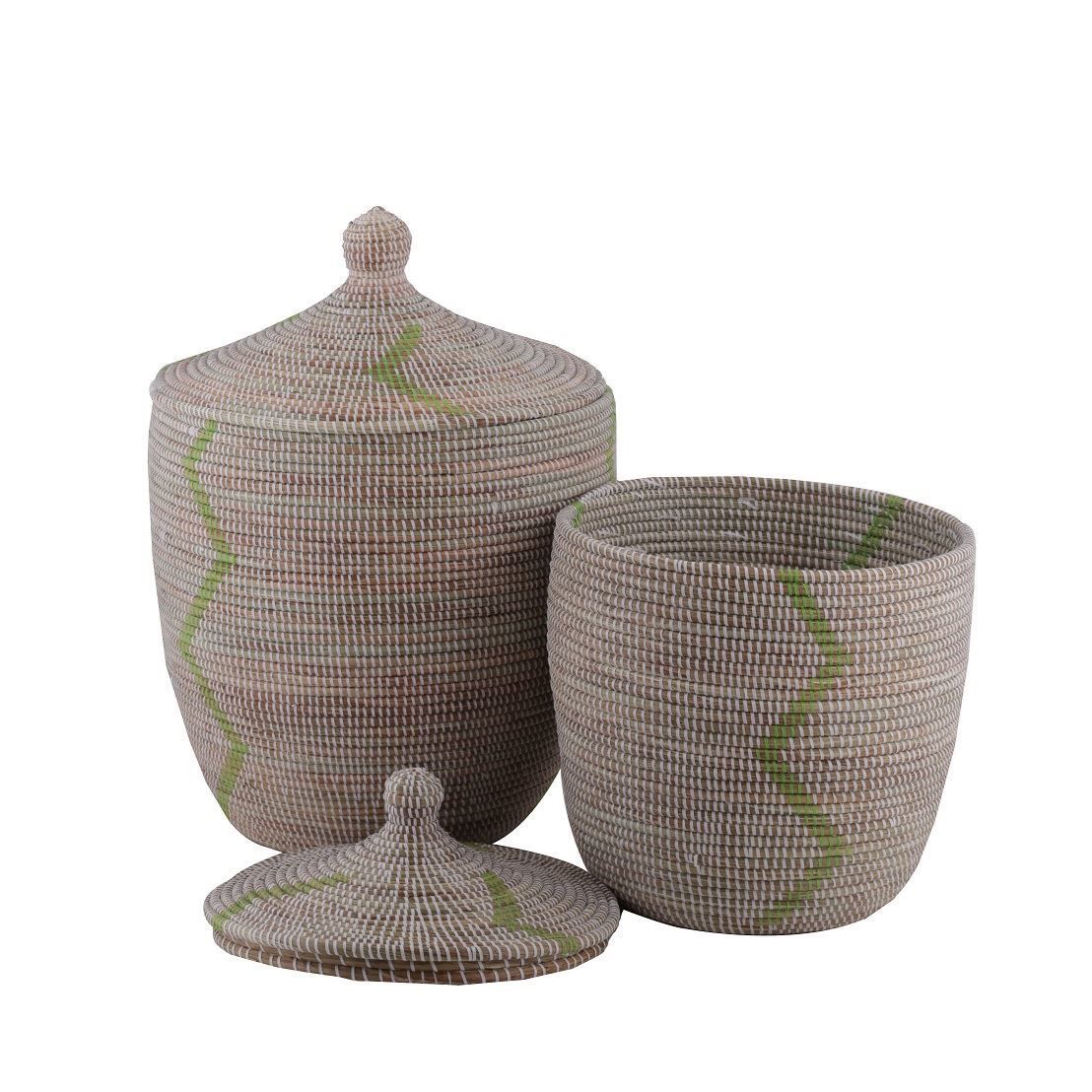 Hasır Sepet Zigzag Kapaklı Beyaz/Yeşil Çizgi Q:36 cm