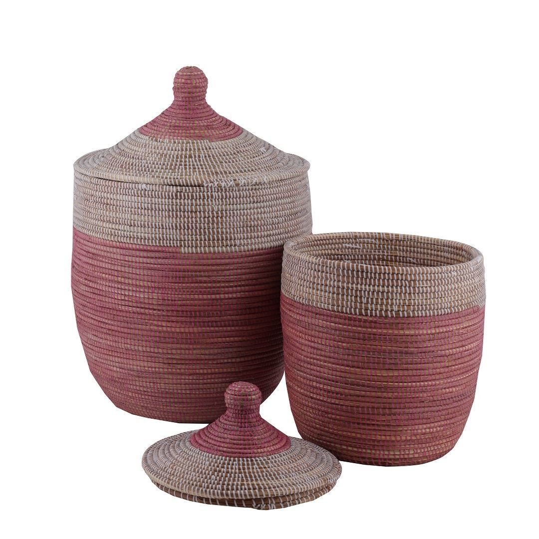 Hasır Sepet Liz Kapaklı Beyaz/Pembe Alt Bant Q:44 cm